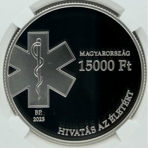 Аверс монеты Венгрия, 15.000 форинтов, 2023, 75 лет национальной службе скорой помощи