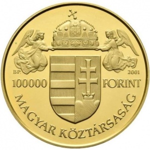 Аверс монеты Венгрия, 100.000 форинтов, 2001, Святые Стефан