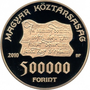 Аверс монеты Венгрия, 500.000 форинтов, 2010, Святые Стефан и Эмерик