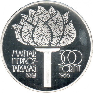 Аверс монеты Венгрия, 500 форинтов, 1986, XV зимние Олимпийские Игры, Калгари 1988
