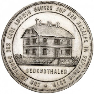 Реверс монеты Венгрия, 1 талер, 1877, Открытие дома Карла Людвига