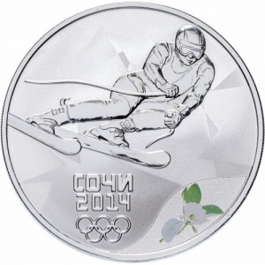 Реверс монеты Россия, 3 рубля, 2014, XXII зимние Олимпийские Игры, Сочи 2014 - Горные лыжи