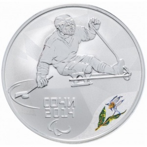 Реверс монеты Россия, 3 рубля, 2014, XI зимние Паралимпийские Игры, Сочи 2014 - Следж-хоккей на льду