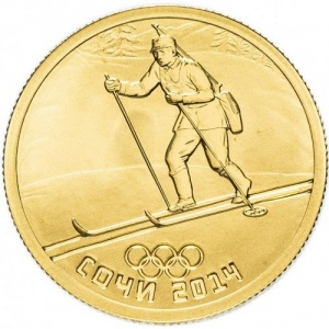 Реверс монеты Россия, 50 рублей, 2014, XXII зимние Олимпийские Игры, Сочи 2014 - Биатлон
