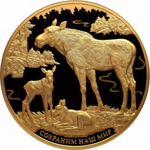 Реверс монеты Россия, 10.000 рублей, 2015, Сохраним наш мир - Лось