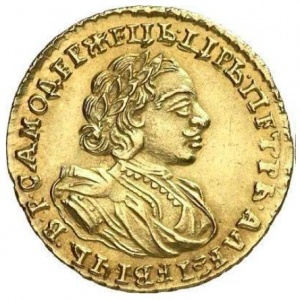 Аверс монеты Российская Империя, 2 рубля, 1720-1721, ЦРЬ ПЕТРЬ АЛЕѮИЕВIЧЬ В Р САМОДЕРЖЕЦЬ