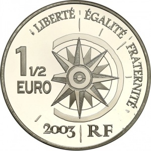 Реверс монеты Франция, 1½ евро, 2003, Путешествие вокруг мира - корабль "Нормандия"