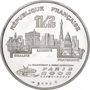 Аверс монеты Франция, 1½ евро, 2003, IX Чемпионат мира по лёгкой атлетике - Толкание ядра