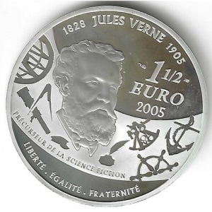 Реверс монеты Франция, 1½ евро, 2005, 100 лет со дня смерти Жюля Верна - Вокруг света за 80 дней