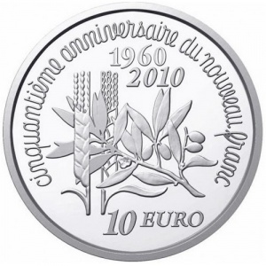 Реверс монеты Франция, 10 евро, 2010, 50 лет выпуску нового франка
