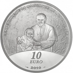 Реверс монеты Франция, 10 евро, 2010, 100 лет со дня рождения Матери Терезы