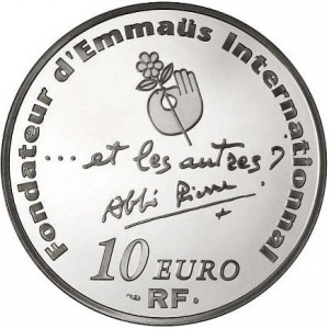 Аверс монеты Франция, 10 евро, 2012, 100 лет со дня рождения Аббата Пьера