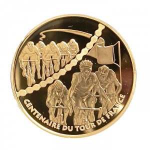 Реверс монеты Франция, 20 евро, 2003, 100 лет велогонкам "Тур де Франс" /группа велосипедистов/