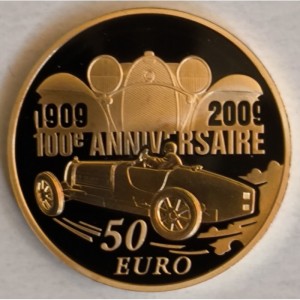 Реверс монеты Франция, 50 евро, 2009, 100 лет созданию бренда Бугатти /Этторе Бугатти/