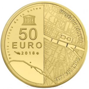 Реверс монеты Франция, 50 евро, 2018, Всемирное наследие ЮНЕСКО - Мост Искусств и Стеклянная пирамида Лувра