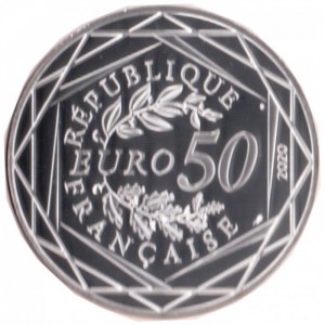 Аверс монеты Франция, 50 евро, 2020, Влюбленные Смурф и Смурфетта