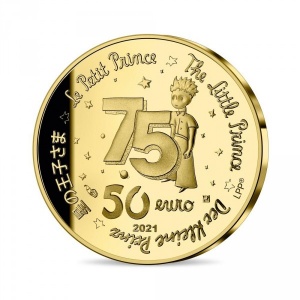 Реверс монеты Франция, 50 евро, 2021, 75 лет публикации "Маленького принца". Маленький принц и Лис