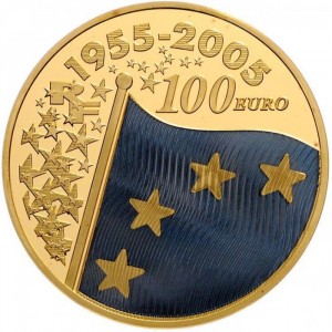 Аверс монеты Франция, 100 евро, 2005, 50 лет Европейскому флагу
