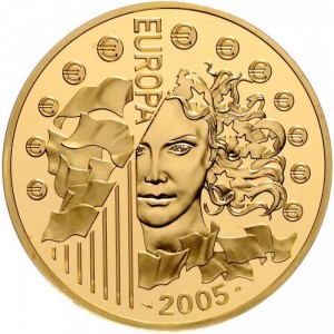Реверс монеты Франция, 100 евро, 2005, 50 лет Европейскому флагу