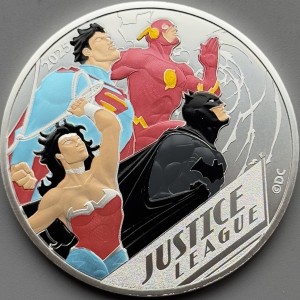 Реверс монеты Франция, 100 евро, 2025, DC Comics - Лига справедливости