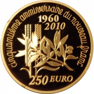 Реверс монеты Франция, 250 евро, 2010, 50 лет выпуску нового франка