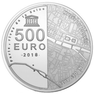 Реверс монеты Франция, 500 евро, 2018, Всемирное наследие ЮНЕСКО - Мост Искусств и Стеклянная пирамида Лувра
