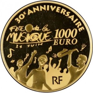 Аверс монеты Франция, 1000 евро, 2011, 30 лет Дню музыки во Франции