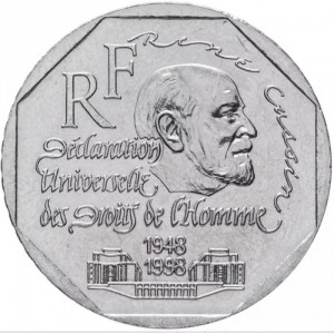 Аверс монеты Франция, 2 франка, 1998, 50 лет Всеобщей декларации прав человека