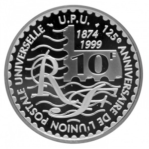 Аверс монеты Франция, 10 франков, 1999, 150 лет первым французским маркам