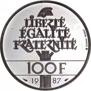 Реверс монеты Франция, 100 франков, 1987, 230 лет со дня рождения Жильбера Ла Файета