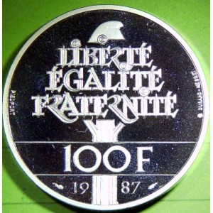 Реверс монеты Франция, 100 франков, 1987, 230 лет со дня рождения Жильбера Ла Файета /Пьедфорт/