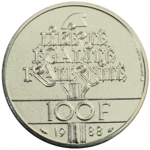 Реверс монеты Франция, 100 франков, 1988, Братство