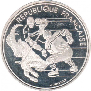 Аверс монеты Франция, 100 франков, 1991, XVI зимние Олимпийские Игры, Альбервиль 1992 - Хоккей