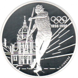 Реверс монеты Франция, 100 франков, 1994, 100 лет Олимпийским играм - Метание копья