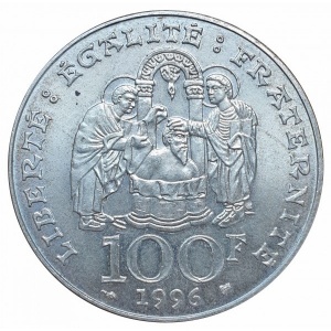 Реверс монеты Франция, 100 франков, 1996, 1500 лет крещению Короля Хлодвига I /⌀31 mm/