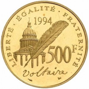 Реверс монеты Франция, 500 франков, 1994, 300 лет со дня рождения Вольтера