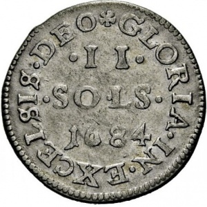 Реверс монеты Франция, 2 соля, 1682-1687