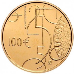 Реверс монеты Финляндия, 100 евро, 2010, 150 лет финской валюте