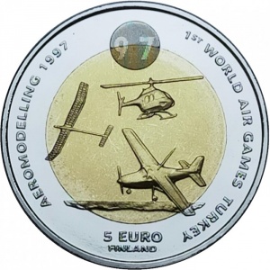 Аверс монеты Финляндия, 5 евро, 1997, Первые всемирные воздушные игры - Авиамоделирование