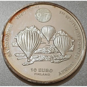 Аверс монеты Финляндия, 10 евро, 1997, Первые Всемирные Воздушные Игры /Воздухоплавание/