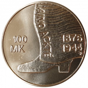 Реверс монеты Финляндия, 100 марок, 2001, 125 лет со дня рождения Айно Акте