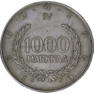 Реверс монеты Финляндия, 1000 марок, 1960, 100 лет валютной системе Снелльмана