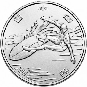 Аверс монеты Япония, 100 йен, 2019, XXXII летние Олимпийские игры, Токио 2020 - Сёрфинг