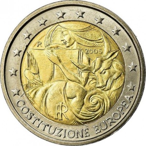 Аверс монеты Италия, 2 евро, 2005, 1 год с момента подписания европейской Конституции