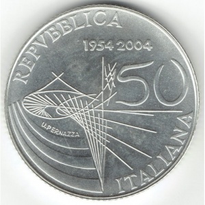 Аверс монеты Италия, 5 евро, 2004, 50 лет телевидению в Италии