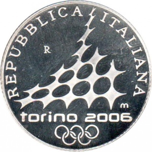 Аверс монеты Италия, 5 евро, 2005, XX зимние Олимпийские игры, Турин 2006 - Прыжки на лыжах с трамплина