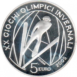 Реверс монеты Италия, 5 евро, 2005, XX зимние Олимпийские игры, Турин 2006 - Прыжки на лыжах с трамплина