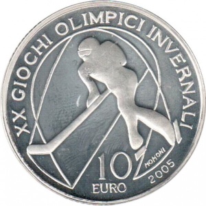 Реверс монеты Италия, 10 евро, 2005, XX зимние Олимпийские игры, Турин 2006 - Хоккей