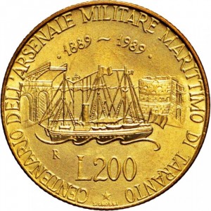 Реверс монеты Италия, 200 лир, 1989, 100 лет морской военной базе в Таранто