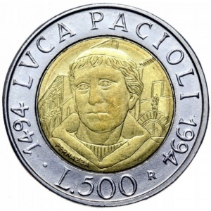Реверс монеты Италия, 500 лир, 1994, 500 лет со дня рождения Луки Пачоли